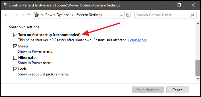 check or uncheck the box beside Turn on fast startup (recommended)