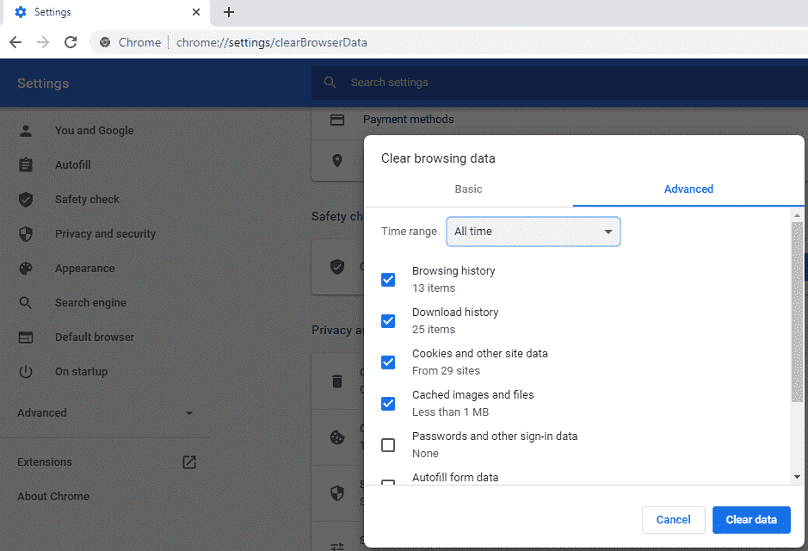 clear cache in Chrome