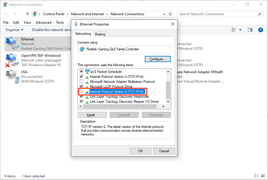 turn off IPv6 Internet Protocol