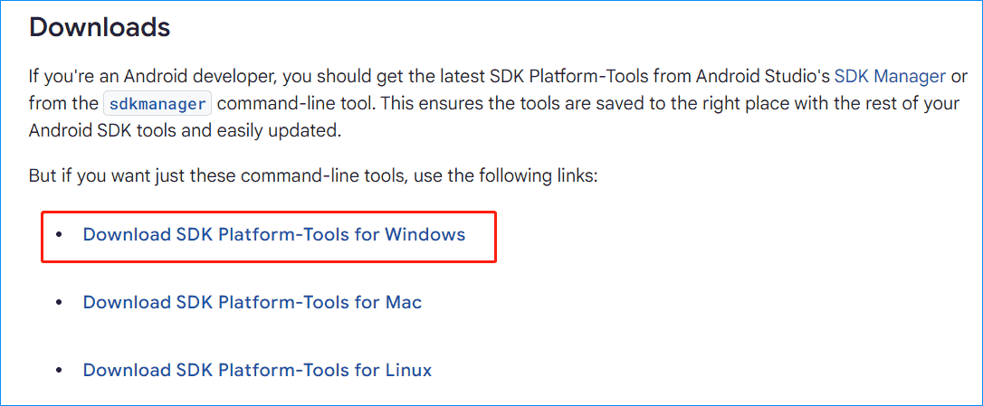 download SDK platform tools for Windows