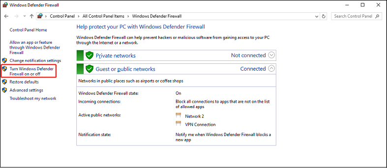 click Turn Windows Defender Firewall on or off