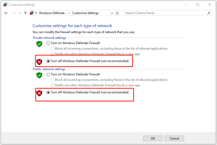 turn off Windows Firewall temporarily