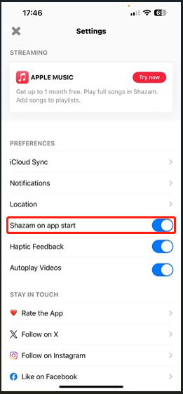 switch on Shazam on app start