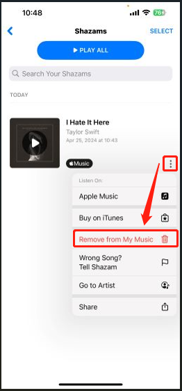 remove previous Shazam from My Music