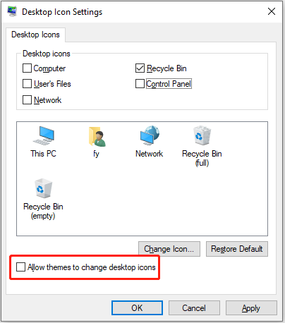 uncheck Allow themes to change desktop icons