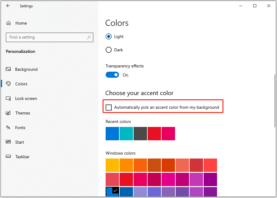 uncheck Automatically pick an accent color from my background