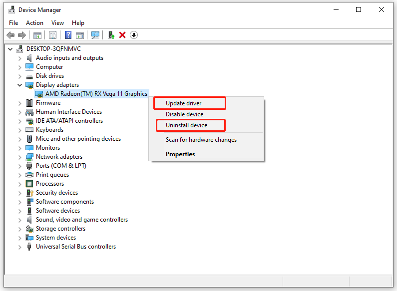 update driver and uninstall device