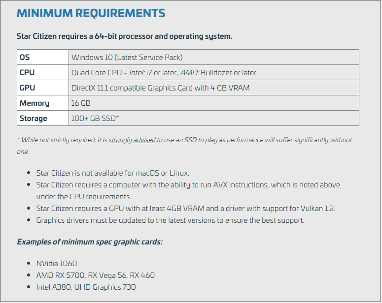 minimum requirements for Star Citizen