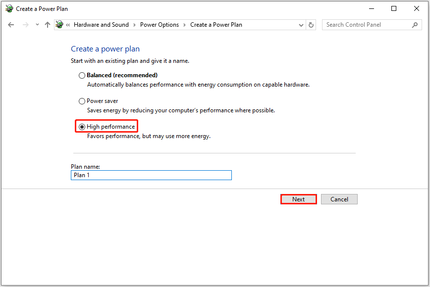 create a high performance power plan