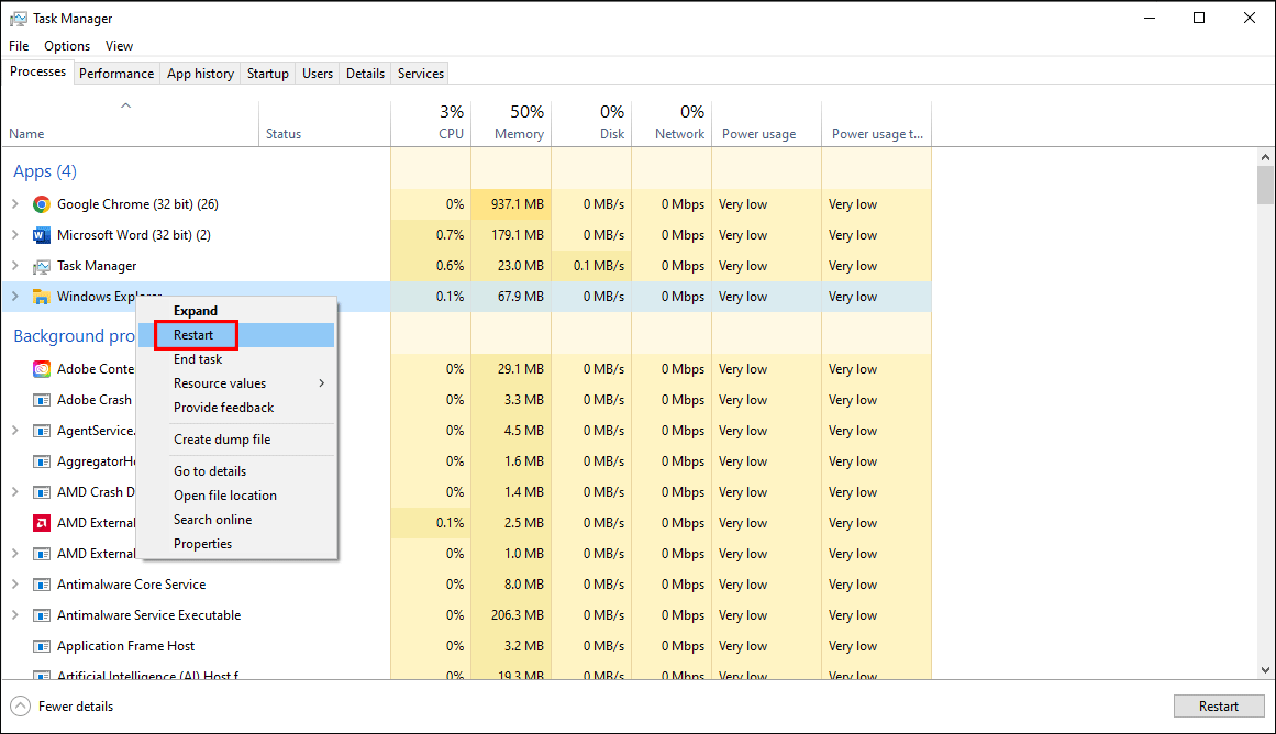 right-click and select Restart from the list