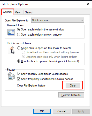 select Clear in the General panel