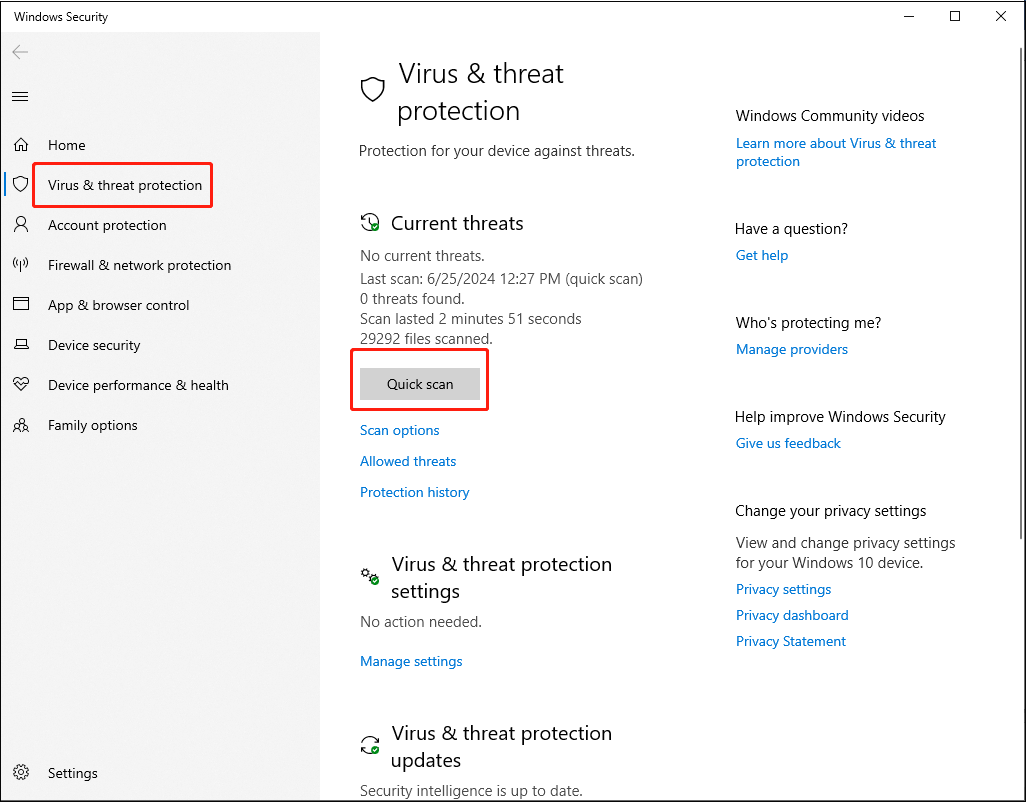 quick scan in Virus and threat protection