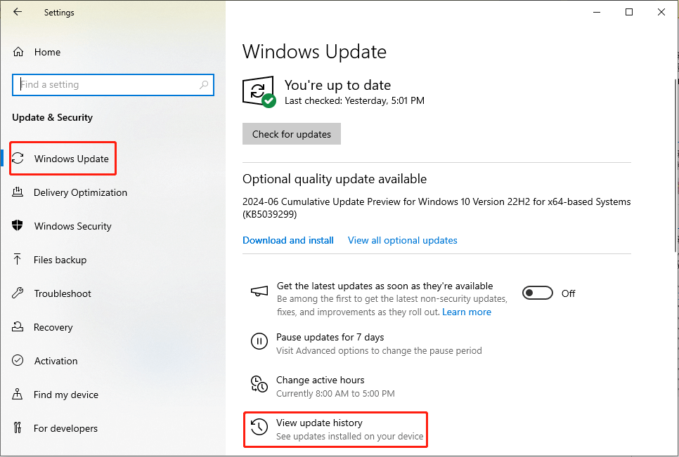 choose the View update history option