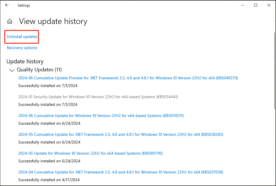 select Uninstall update