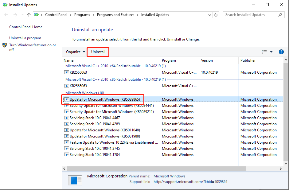 click the latest Windows update and choose Uninstall