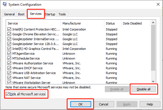 check Hide all Microsoft services, select Disable all, and hit OK