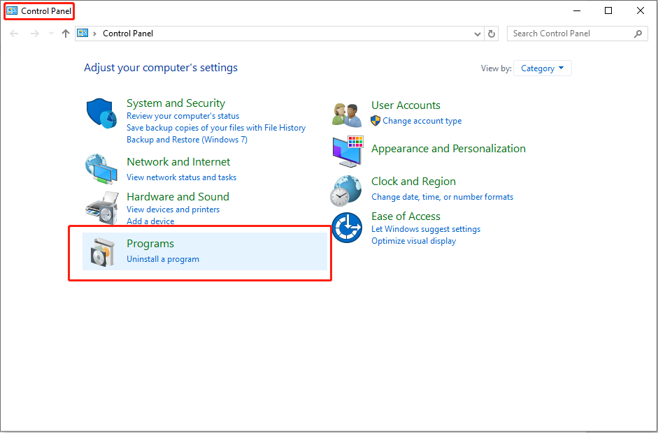 select Programs in the Control Panel window